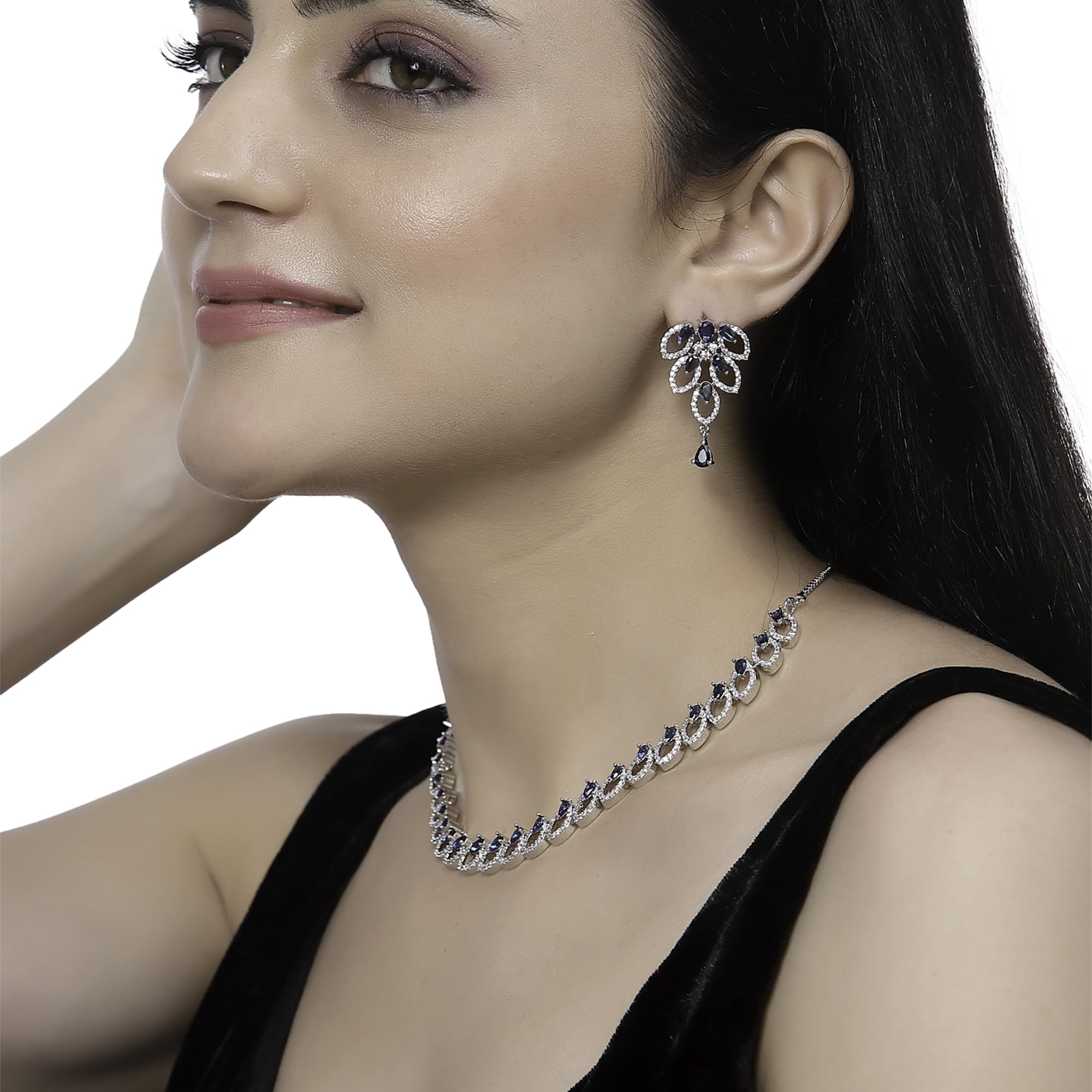 Rhodium-Plated AD Leaf Necklace Earring Set